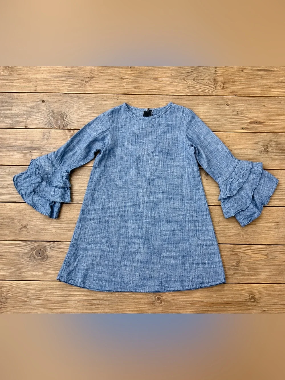 AT-U-N Girls 5-6Y Chambray Blue Cotton Ruffle Sleeve Dress Back to School